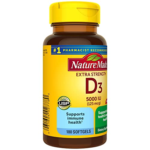 Nature Made Extra Strength Vitamin D3 5000 IU (125 mcg), Dietary Supplement for Bone, Teeth, Muscle and Immune Health Support, 180 Softgels, 180 Day Supply