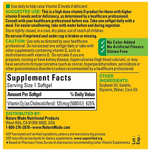 Nature Made Extra Strength Vitamin D3 5000 IU (125 mcg), Dietary Supplement for Bone, Teeth, Muscle and Immune Health Support, 180 Softgels, 180 Day Supply