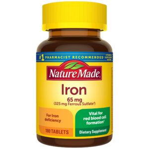 Nature Made Iron 65 mg (325 mg Ferrous Sulfate) Tablets, Dietary Supplement for Red Blood Cell Support, 180 Tablets, 180 Day Supply