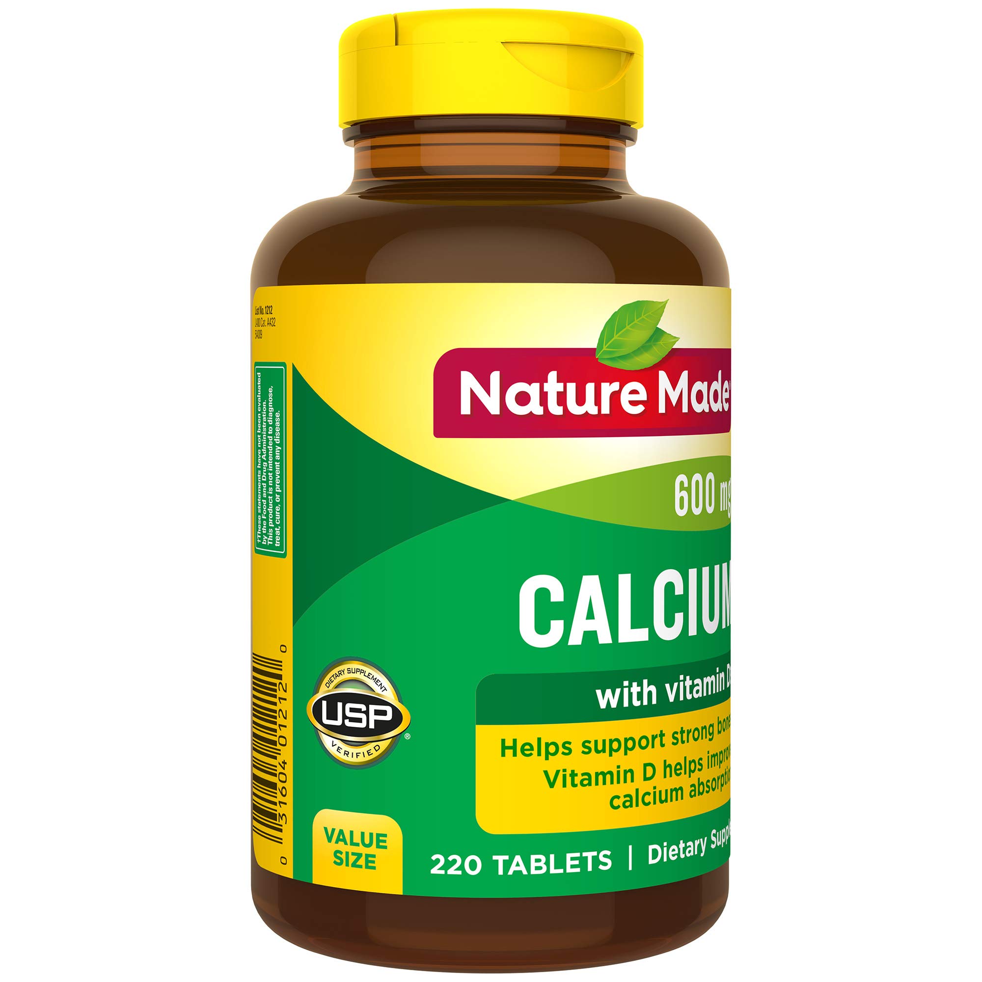 Nature Made Calcium 600 mg with Vitamin D3, Dietary Supplement for Bone Support, 220 Tablets