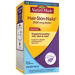 nature made hair skin and nails with biotin 2500 mcg, dietary supplement for healthy hair skin and nails support, 120 softgels, 120 day supply