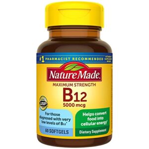 nature made maximum strength vitamin b12 5000 mcg, dietary supplement for energy metabolism support, 60 softgels, 60 day supply