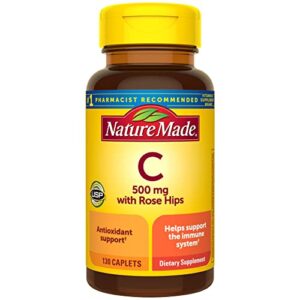 nature made vitamin c 500 mg with rose hips, dietary supplement for immune support, 130 caplets, 130 day supply