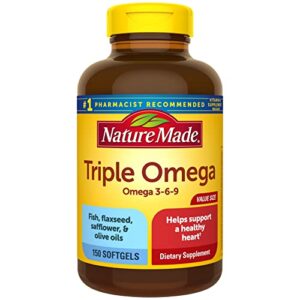 nature made triple omega 3 6 9, fish oil as ethyl esters and plant-based oils, healthy heart support, 150 softgels, 50 day supply