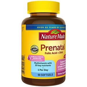 Nature Made Prenatal with Folic Acid + DHA, Prenatal Vitamin and Mineral Supplement for Daily Nutritional Support, 90 Softgels, 90 Day Supply