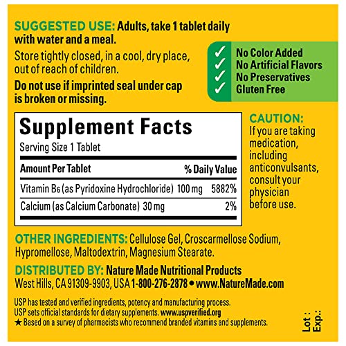 Nature Made Vitamin B6 100 mg, Dietary Supplement for Energy Metabolism Support, 100 Tablets, 100 Day Supply