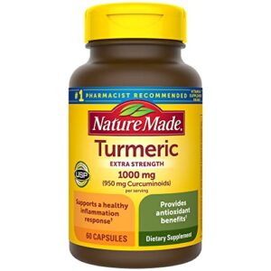 nature made extra strength turmeric curcumin with black pepper, 1000mg turmeric extract (950mg curcuminoids) per serving, supports healthy inflammation response, 60 vegetarian capsules, 30 day supply
