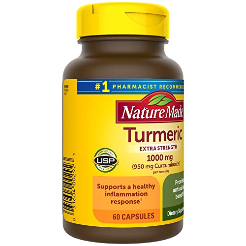 Nature Made Extra Strength Turmeric Curcumin with Black Pepper, 1000mg Turmeric extract (950mg Curcuminoids) per serving, Supports Healthy Inflammation Response, 60 Vegetarian Capsules, 30 Day Supply