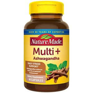 nature made multi + ashwagandha, multivitamin for women and men for daily stress relief support, one per day, 60 capsules