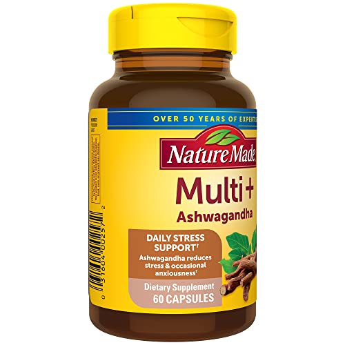 Nature Made Multi + Ashwagandha, Multivitamin for Women and Men for Daily Stress Relief Support, One Per Day, 60 Capsules