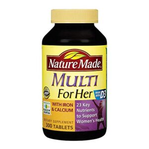 nature made, multi vitamins for her with iron and calcium and 23 key nutrients to support women’s health (300 tablets)
