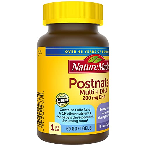 Nature Made Postnatal Multivitamin + DHA 200 mg, Postnatal Vitamins for Breastfeeding Moms & Babies, Vitamins & Nutrients Include Iron, Vitamin D3, Calcium, Iodine and More, 60 Softgels