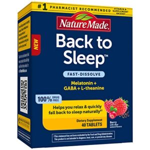 nature made back to sleep, melatonin fast-dissolve, helps you fall back to sleep naturally, l-theanine and gaba to help relax and calm your mind, 40 tablets