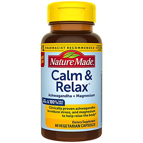 Nature Made Calm & Relax with 300mg Magnesium and 125mg Ashwagandha for Stress Relief, 60 Veggie Capsules