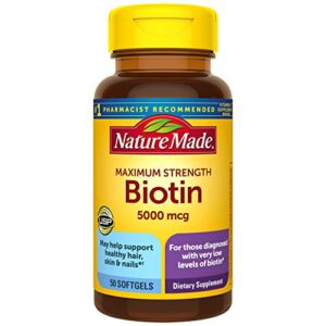 nature made maximum strength biotin 5000 mcg, dietary supplement may help support healthy hair, skin & nails, 50 softgels