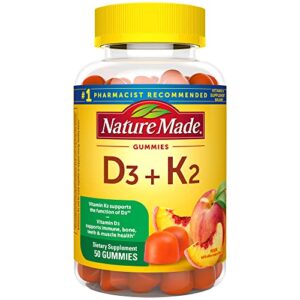 nature made vitamin d3 k2 gummies, vitamin d3 5000 iu per serving, bone, teeth, muscle, immune health support, 50 vitamin d + k2 gummy vitamins, 25 day supply