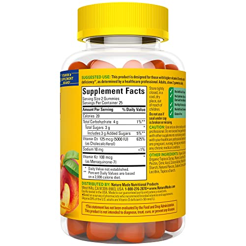 Nature Made Vitamin D3 K2 Gummies, Vitamin D3 5000 IU per serving, Bone, Teeth, Muscle, Immune Health Support, 50 Vitamin D + K2 Gummy Vitamins, 25 Day Supply