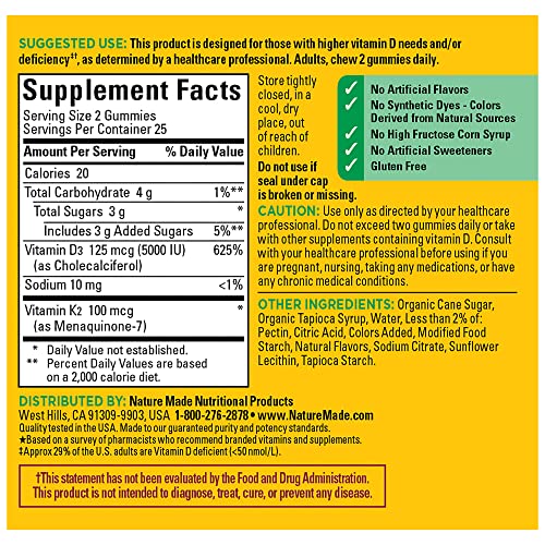 Nature Made Vitamin D3 K2 Gummies, Vitamin D3 5000 IU per serving, Bone, Teeth, Muscle, Immune Health Support, 50 Vitamin D + K2 Gummy Vitamins, 25 Day Supply