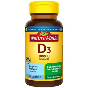 vitamin d3, 100 softgels, vitamin d 1000 iu (25 mcg) helps support immune health, strong bones and teeth, & muscle function, 125% of the daily value for vitamin d in only one daily softgel