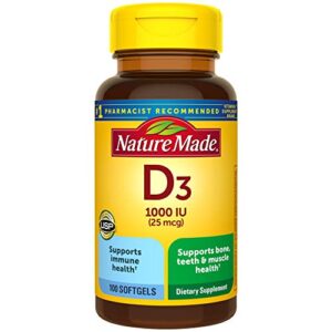 Vitamin D3, 100 Softgels, Vitamin D 1000 IU (25 mcg) Helps Support Immune Health, Strong Bones and Teeth, & Muscle Function, 125% of the Daily Value for Vitamin D in Only One Daily Softgel