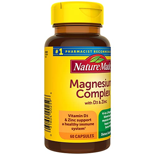 Nature Made Magnesium Complex with Vitamin D and Zinc Supplements, Magnesium Supplement for Muscle, Nerve, Heart & Bone Support with Vitamin D3 & Zinc for Immune Support, 60 Capsules, 30 Day Supply