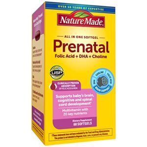 nature made prenatal multivitamin with folic acid, dha and choline, dietary supplement for prenatal nutritional support, 60 softgels, 60 day supply