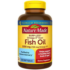 nature made burp less omega 3 fish oil 1200 mg, fish oil supplements as ethyl esters, omega 3 fish oil for healthy heart, brain and eyes support, one per day, omega 3 supplement with 120 softgels