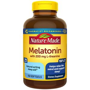 nature made melatonin 3 mg with l-theanine 200 mg, dietary supplement for restful sleep, 150 softgels, 150 day supply
