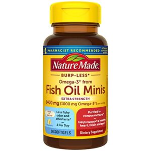 nature made extra strength burp less omega 3 fish oil 1400 mg minis, fish oil supplements as ethyl esters for healthy heart, brain and eyes support, omega 3 supplement, 60 softgels, 30 day supply