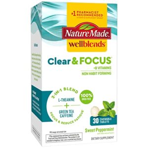 nature made wellblends clear & focus, l-theanine, green tea caffeine, 5 b vitamins, fast-acting formula, 30 chewable tablets