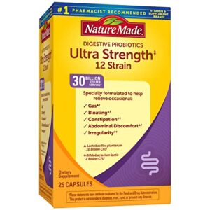 nature made ultra strength 12 strain digestive probiotics, dietary supplement for digestive health support, 25 probiotic capsules, 25 day supply