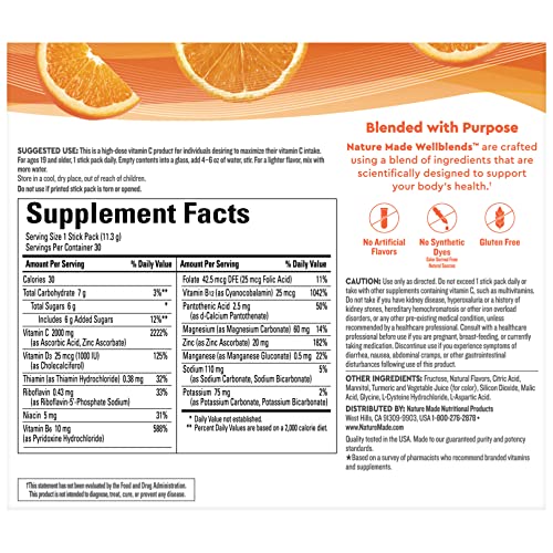 Nature Made Wellblends ImmuneMAX Fizzy Drink Mix, Vitamin C 2000mg with Zinc 20 mg, Vitamin D3 1000 IU (25 mcg), plus Seven B Vitamins and Electrolyte Hydration Blend, 30 Stick Packs