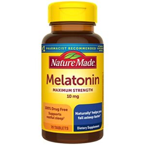 nature made melatonin 10mg extra strength tablets, 100% drug free sleep aid for adults, 70 count, 70 day supply