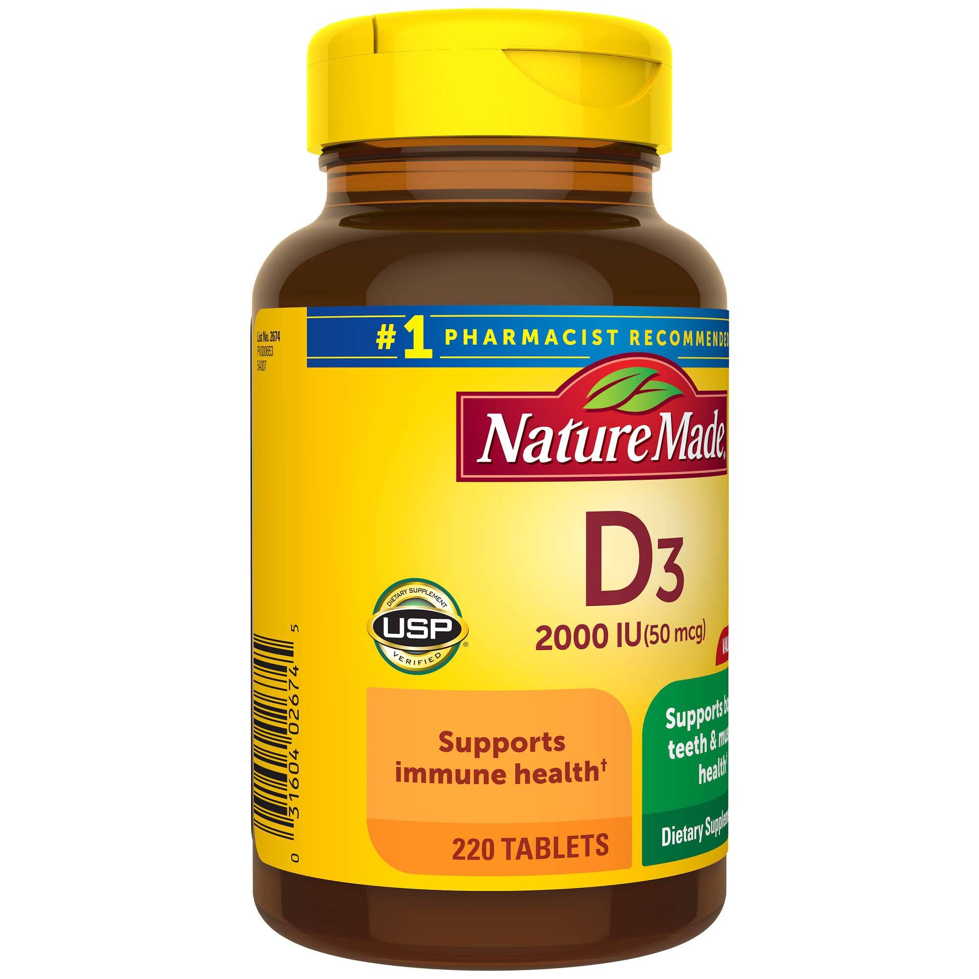 Nature Made Vitamin D3 2000 IU (50 mcg), Dietary Supplement for Bone, Teeth, Muscle and Immune Health Support, 220 Tablets, 220 Day Supply