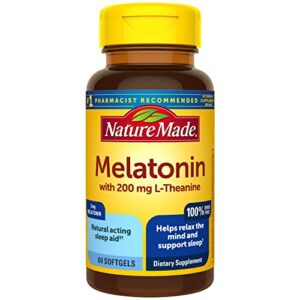 nature made melatonin 3 mg with l-theanine 200 mg, dietary supplement for restful sleep, softgel, 60 count (pack of 1) – packaging may vary