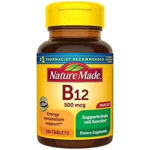nature made vitamin b12 500 mcg, dietary supplement for energy metabolism support, 200 tablets, 200 day supply