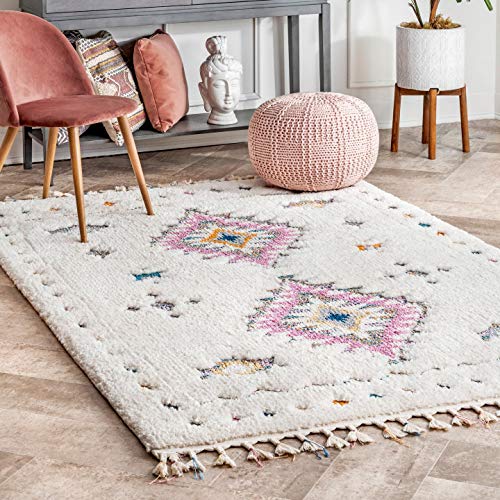 nuLOOM Lila Tribal Moroccan Shag Area Rug, 9' x 12', White