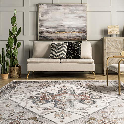 nuLOOM Mali Machine Washable Traditional Medallion Area Rug, 4' x 6', Ivory