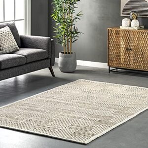 nuloom mallory hand hooked wool geometric high low textured area rug, 5′ x 8′, ivory