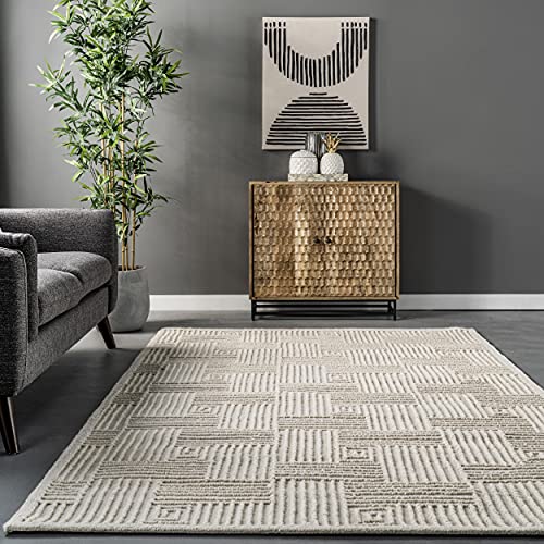 nuLOOM Mallory Hand Hooked Wool Geometric High Low Textured Area Rug, 5' x 8', Ivory