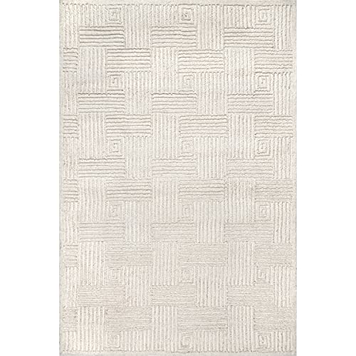 nuLOOM Mallory Hand Hooked Wool Geometric High Low Textured Area Rug, 5' x 8', Ivory