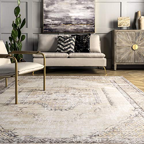 nuLOOM Glenda Machine Washable Faded Medallion Area Rug, 5' x 8', Light Grey