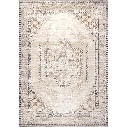 nuLOOM Glenda Machine Washable Faded Medallion Area Rug, 5' x 8', Light Grey