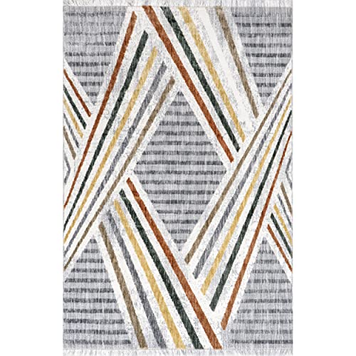 nuLOOM Edna Modern Striped Fringe Area Rug, 5' x 8', Light Grey