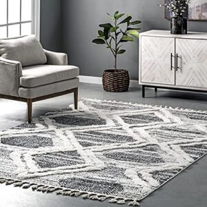 nuloom prissy abstract trellis textured shaggy tassel area rug, 5′ 3″ x 7′ 6″, grey