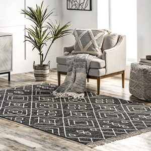 nuloom cheryl cotton flatweave diamond trellis tassel area rug, 6′ x 9′, grey
