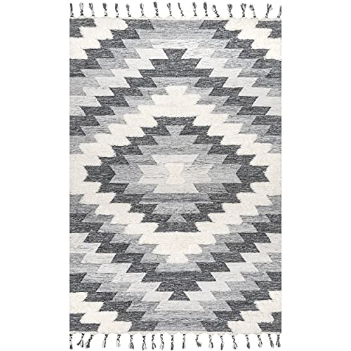 nuLOOM Ellie Textured Diamond Aztec Tassel Area Rug, 8' x 10', Grey