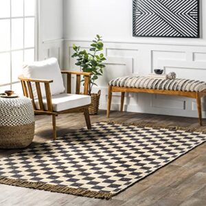 nuloom connie checkered wool/jute tasseled area rug, 5′ x 8′, grey