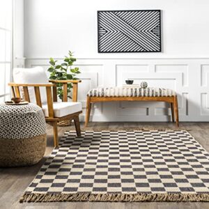 nuLOOM Connie Checkered Wool/Jute Tasseled Area Rug, 5' x 8', Grey