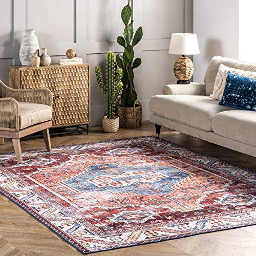 nuLOOM Marli Machine Washable Faded Medallion Area Rug, 4' x 6', Rust